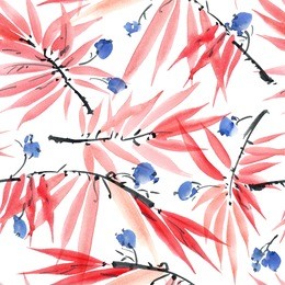 watercolor and ink illustration of blossom tree. sumi-e, u-sin painting. seamless pattern.