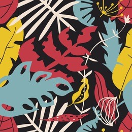the seamless colorful pattern with tropical leaves and plants. hand drawn overlapping  nature background for your design.textile, blog decoration, banner, poster, wrapping paper.