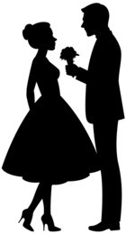 vector illustration on a white background silhouette of a man in love presents a woman a bouquet of flowers