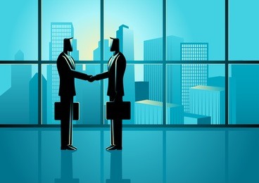 business concept illustration of two businessmen shaking hands with cityscape as the background