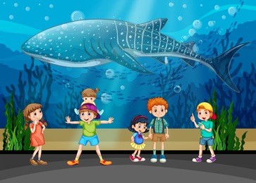 children and killer whale in aquarium illustration