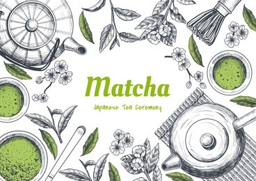 vector frame with tea. japanese tea ceremony. matcha tea. vintage style