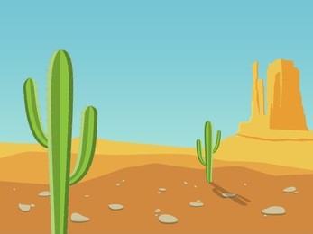 desert landscape with mountains and cactus. cartoon vector illustration.