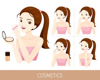 woman with step to use foundation and press powder, makeup, accessories, equipment, beauty, facial, fashion