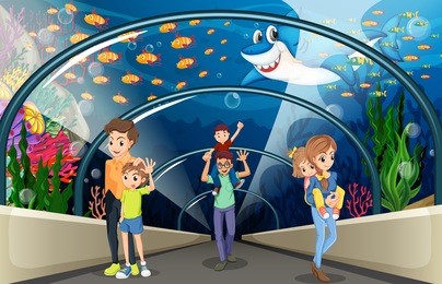 people looking at fish in the aquarium illustration