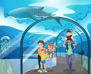 many families visiting aquarium illustration