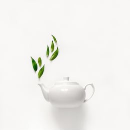 teapot of fresh green tea with green leaves rising above, tea aromatic qualities concept
