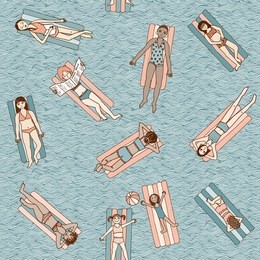 seamless pattern of girls and women lying on air mattresses in the swimming pool, top view