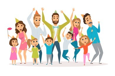 big family birthday party. kids and parents celebrate. mothers, fathers and child in hat dancing and laughing together. group of happy people have fun. cartoon characters isolated on white