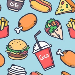 hand draw hot dog, hamburger, pizza slice, chicken,fries, cola. colorful pattern background. fast food seamless vector pattern.