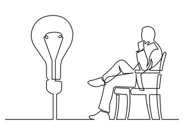 continuous line drawing of businessman sitting thinking about idea