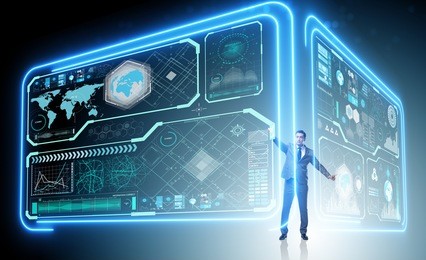 man pressing virtual button in data mining concept