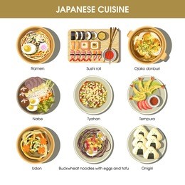 japanese cuisine traditional dishes flat icons. vector set of ramen and udon noodles, seafood tempura and sushi rolls, miso soup and tofu. traditional japan restaurant menu