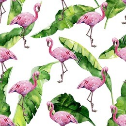 tropical leaves, dense jungle. banana palm leaves seamless watercolor illustration of tropical pink flamingo birds. trendy pattern with tropic summertime motif. exotic hawaii art background. 