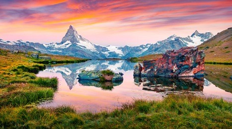 colorful summer panorama of the stellisee lake. few minutes before sunrise. great outdoor scene with matterhorn (monte cervino, mont cervin) in swiss alps, switzerland, europe.