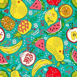 bright summer fruit: watermelon, kiwi, apple, pear, orange, lemon, pomegranate, pineapple, banana. seamless vector pattern (background). fruit print.