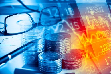 finance,business and banking concept.double exposure of money,pen,glasses,graph, stock chart and account book.