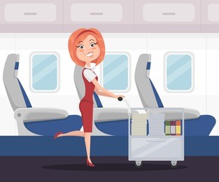 smiling happy stewardess woman character carries food and drinks. vector flat cartoon illustration