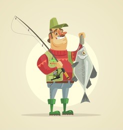 happy fisherman character hold big fish. vector flat cartoon illustration