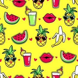 tropic seamless pattern with pineapple, lips, cocktail, watermelon, banana. vector background with fashion stickers and patches in cartoon 80s-90s trendy style.