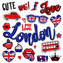 set of comics patch badge elements. london wallpaper with heart, glasses with great britain flag, bus, old red car, cup of tea, cake, kiss lips, black crown, women bag. 