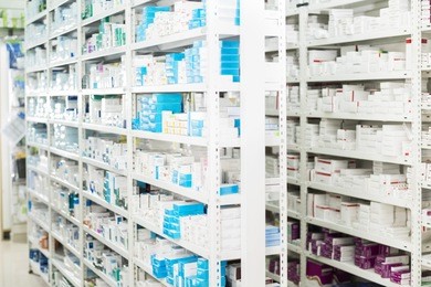 medicines displayed at pharmacy