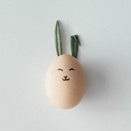 easter egg with bunny ears and face. flat lay. minimal concept.