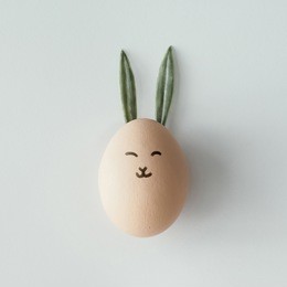 easter egg with bunny ears and face. flat lay. minimal concept.