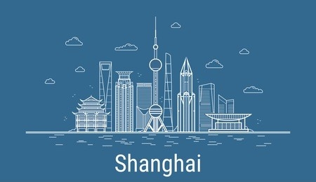 vector shanghai city. all shanghai famous buildings. line art style. skyline 