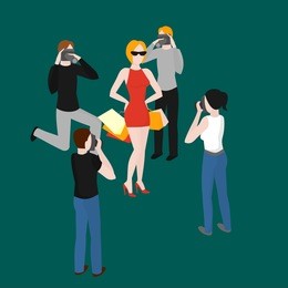 flat isometric paparazzi taking pictures of popular superstar. celebrity photographer shooting idol woman vector illustration