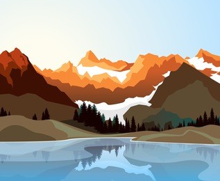 flat style illustration of landscape with mountains, river and sky. eps 10 vector illustration. mountaineering and traveling. mountain peaks. extreme sports, vacation and outdoor recreation concept.