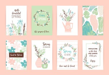 set of artistic creative spring cards. hand drawn textures. spring gentle pastel colors. design for poster, card, invitation, placard, brochure, flyer. vector.