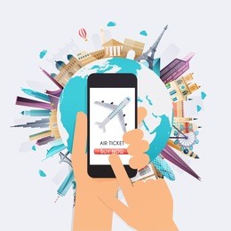 online booking ticked. buy ticket online. traveling on airplane, planning a summer vacation, tourism and journey objects and passenger luggage.