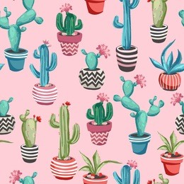 cacti flower background. seamless pattern with cactus and succulents. hand drawn vector illustration in trendy cute cartoon style.