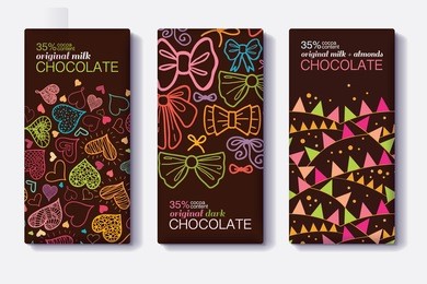 vector set of chocolate bar package designs with fun party decor hearts, bows, flags patterns. milk, dark, almond. editable packaging template collection.