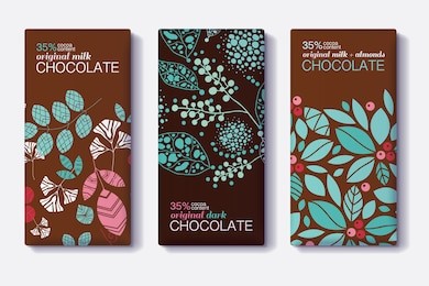 vector set of chocolate bar package designs with modern plants and leaves patterns. milk, dark, almond. editable packaging template collection.