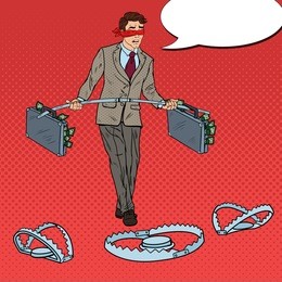 pop art blindfolded business man walking with money over the traps. investment risk. vector illustration