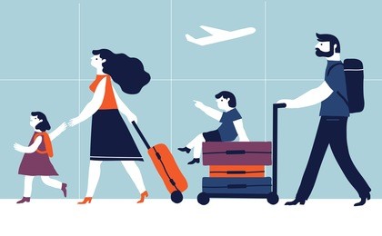parents with children are going on vacation. vector creative illustration  on blue  background. family travel.