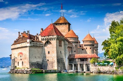 chillon castle, switzerland. montreaux, lake geneve, one of the most visited castle in swiss, attracts more than 300,000 visitors every year.