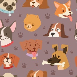 funny cartoon dogs characters different breads doggy puppy illustration. furry human friends cute animals seamless pattern background