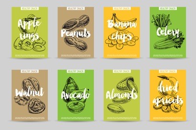 vector hand drawn healthy snack posters. vintage sketch style. retro food background.