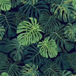 seamless vector tropical pattern with green monstera palm leaves on dark background. exotic hawaiian fabric design.