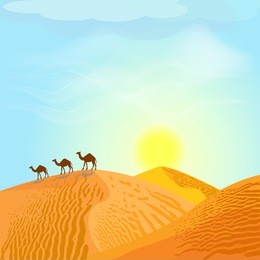 desert with dunes and camels. sunset in blue sky. desert landscape. vector illustration