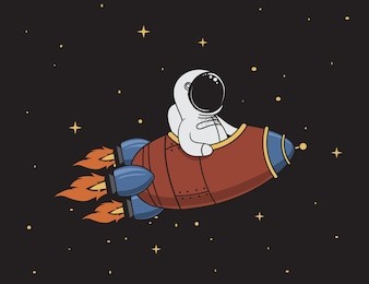 cute astronaut flying in outer space on spaceship.character design.vintage childish vector illustration