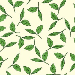 seamless pattern with green tea leaves on pastel beige background. hand drawn vector illustration.