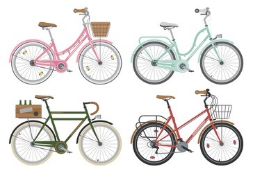 four configurations of city, street or casual bicycles. bikes for short distance around the town. different frames and accessories bicycle set. ecology transport. detailed vector illustration.