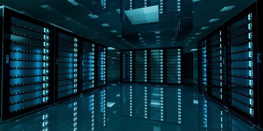 dark server room data center storage with blue lights 3d rendering