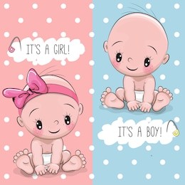 baby shower greeting card with babies boy and girl