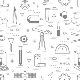 seamless pattern with variety scientific, education elements: dividers, formula, test-tube, satellites, batteries and other. design for banner, poster or print.