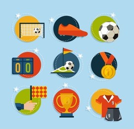 soccer culture flat icon set. includes sport elements for football game, ball, shoes, champion cup and more. eps10 vector.
